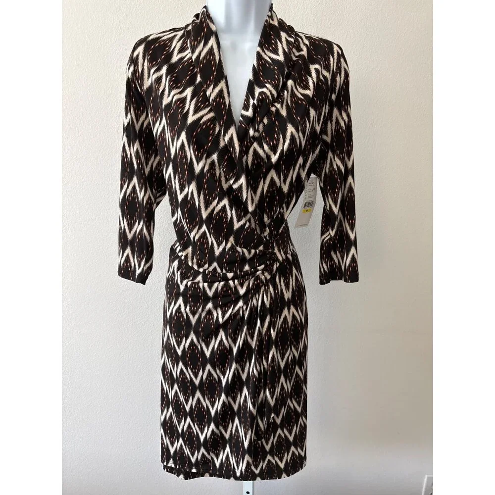 NWT Karen Kane Dress Size M Boho Chic Solar Ikat Faux Wrap Gold Sun Brown Black - Picture 14 of 16